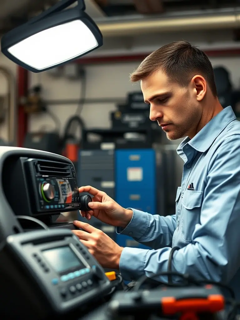 A technician diagnosing and repairing a car radio, highlighting the troubleshooting process and use of diagnostic tools.