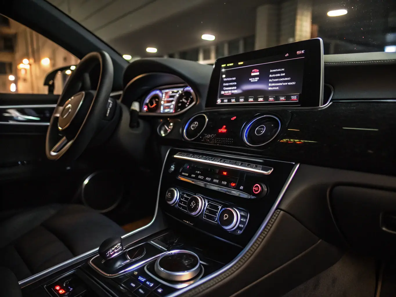 A professionally installed car stereo system with vibrant lighting, showcasing the clean integration and enhanced dashboard aesthetics.
