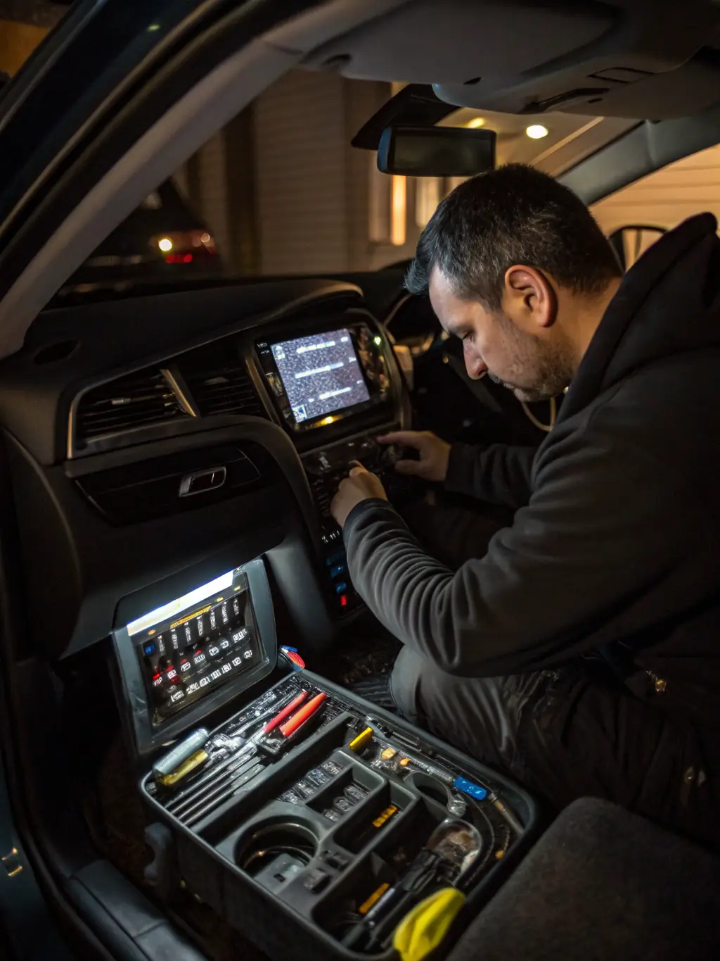 An amplifier and subwoofer being installed in a car trunk, emphasizing the power and enhanced audio quality.